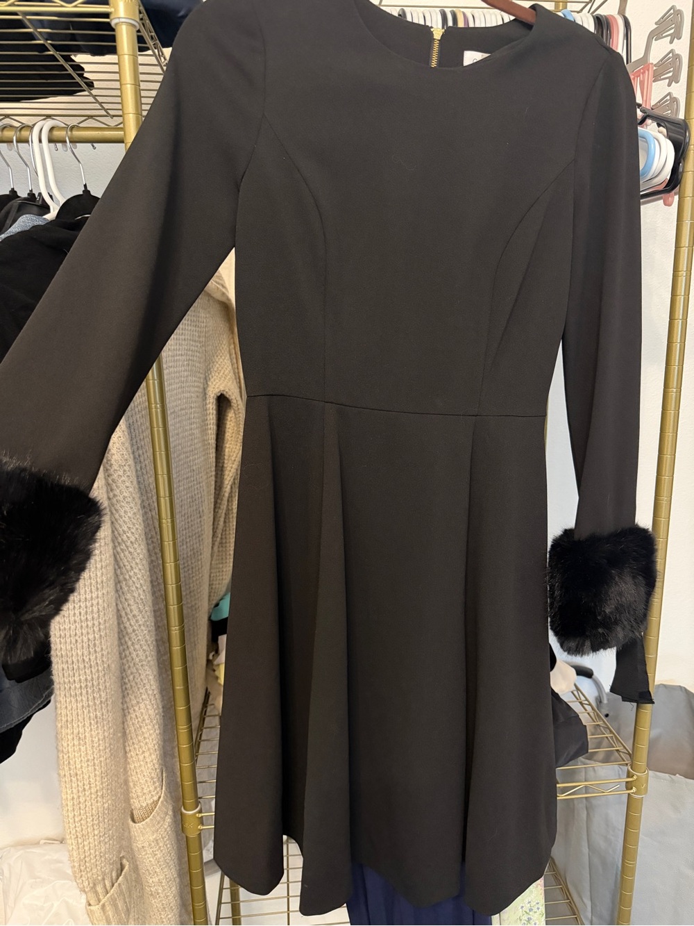 Calvin Klein Black Long-Sleeve Fit & Flare Dress with Faux Fur Cuffs